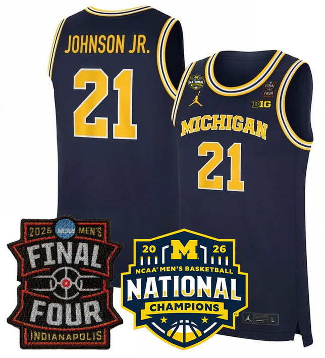 Men's Michigan Wolverines #21 Morez Johnson Jr. Navy 2025/26 Final Four & National Champions Patch Stitched Basketball Jersey